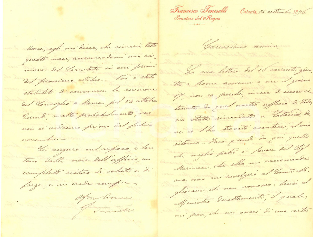 1896 CATANIA Lettera Francesco TENERELLI per studio storico ricevuto - AUTOGRAFO