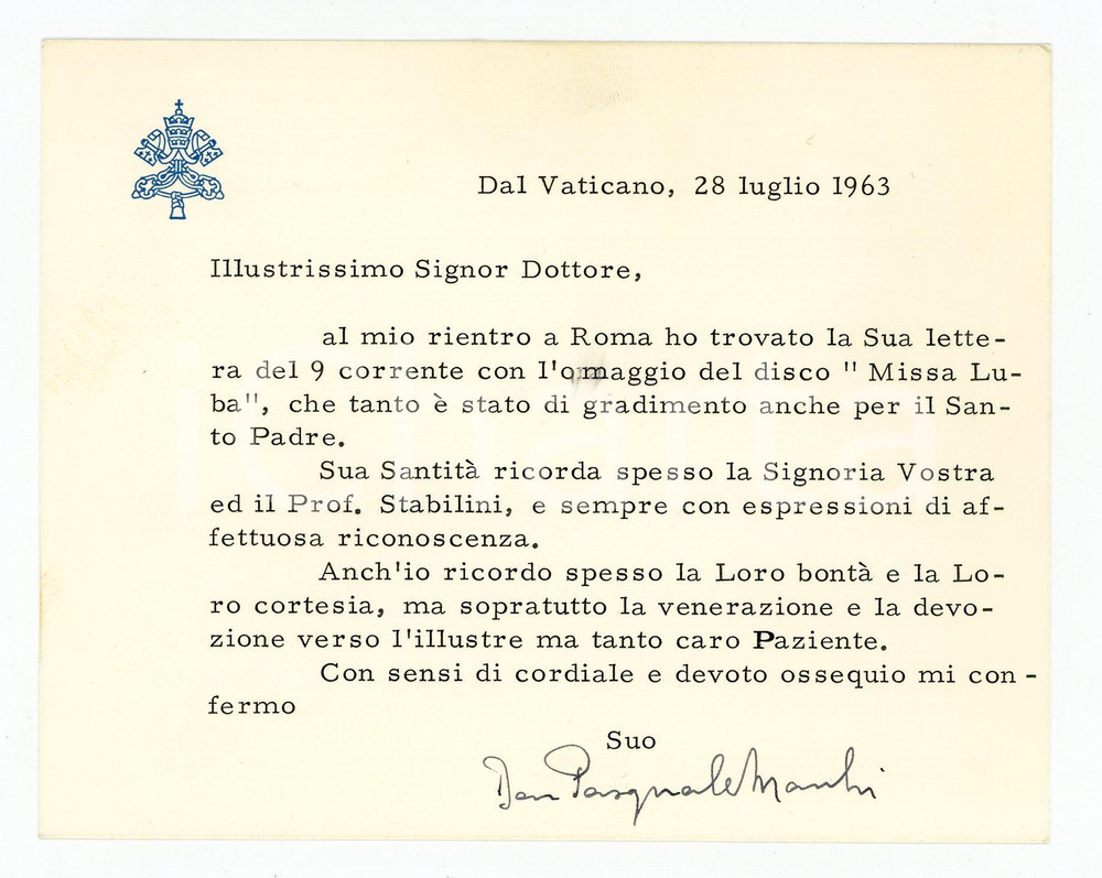 Autografo originale 1963 VATICANO Mons. Pasquale MACCHI  Biglietto ringraziamento AUTOGRAFO 1