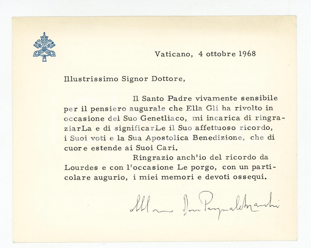 Autografo originale 1968 VATICANO Mons. Pasquale MACCHI  Biglietto ringraziamento AUTOGRAFO 1