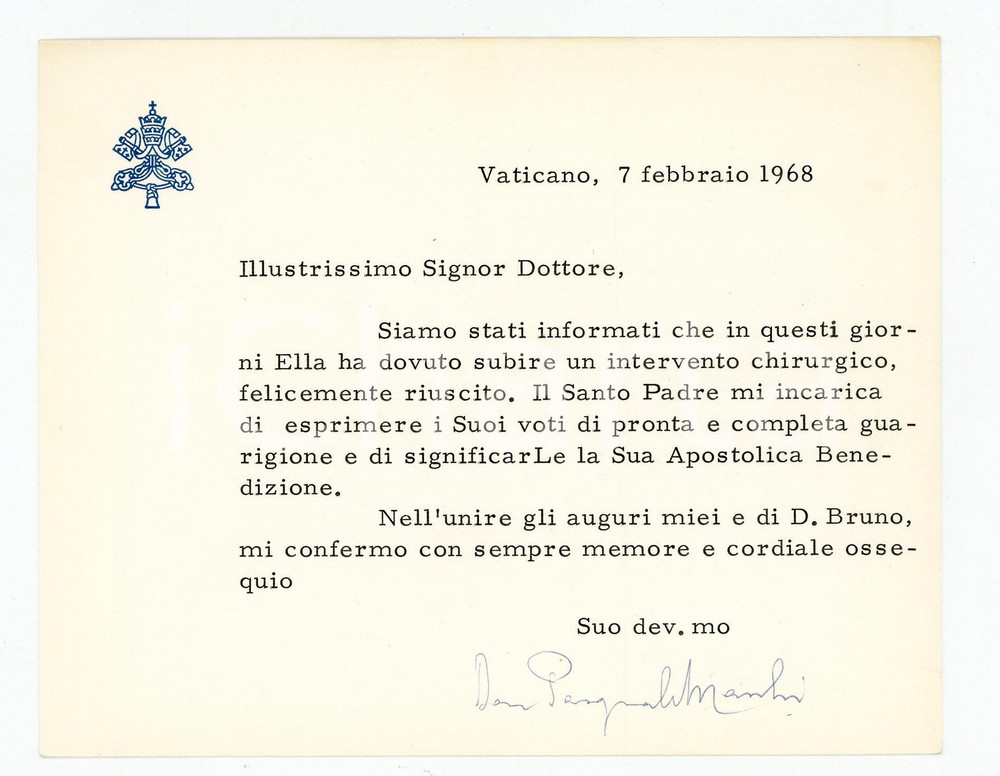 Autografo originale 1968 VATICANO Mons. Pasquale MACCHI  Biglietto per augurio AUTOGRAFO 1
