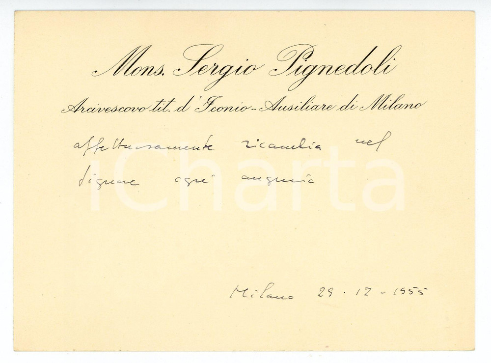 Autografo originale 1955 MILANO Mons. Sergio PIGNEDOLI arcivescovo ausiliare  Biglietto AUTOGRAFO 1