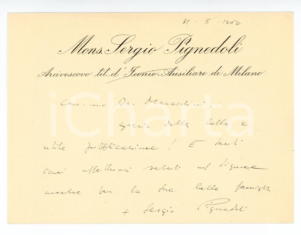 Autografo originale 1960 MILANO Mons. Sergio PIGNEDOLI arcivescovo ausiliare  Biglietto AUTOGRAFO 1