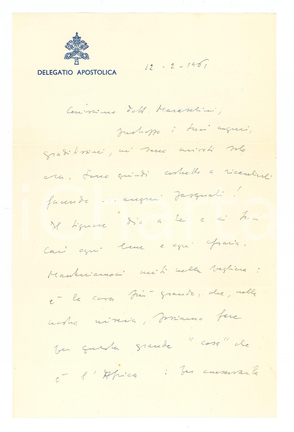 Autografo originale 1961 VATICANO Delegatio Apostolica  Auguri mons. Sergio PIGNEDOLI AUTOGRAFO 1