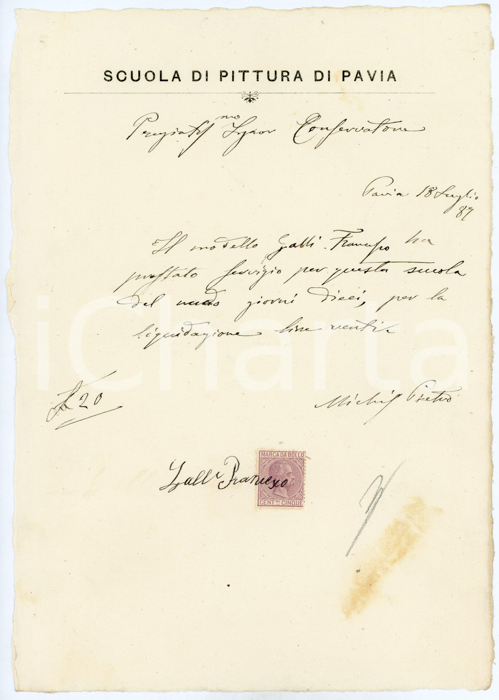 1887 PAVIA Certificato Pietro MICHIS per modello Francesco GALLI - Autografo