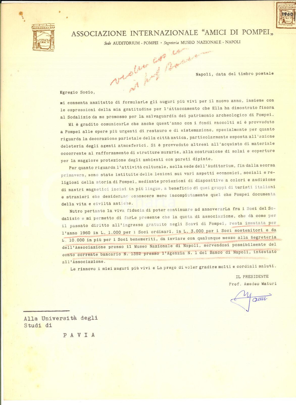 1960 NAPOLI Lettera Amedeo MAIURI pro "Amici di Pompei" - AUTOGRAFO