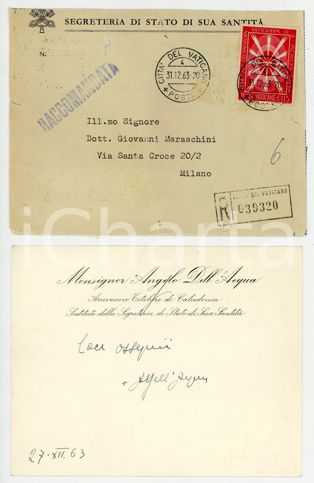 1963 VATICANO Mons. Angelo DELL'ACQUA - Segreteria di Stato *Biglietto AUTOGRAFO