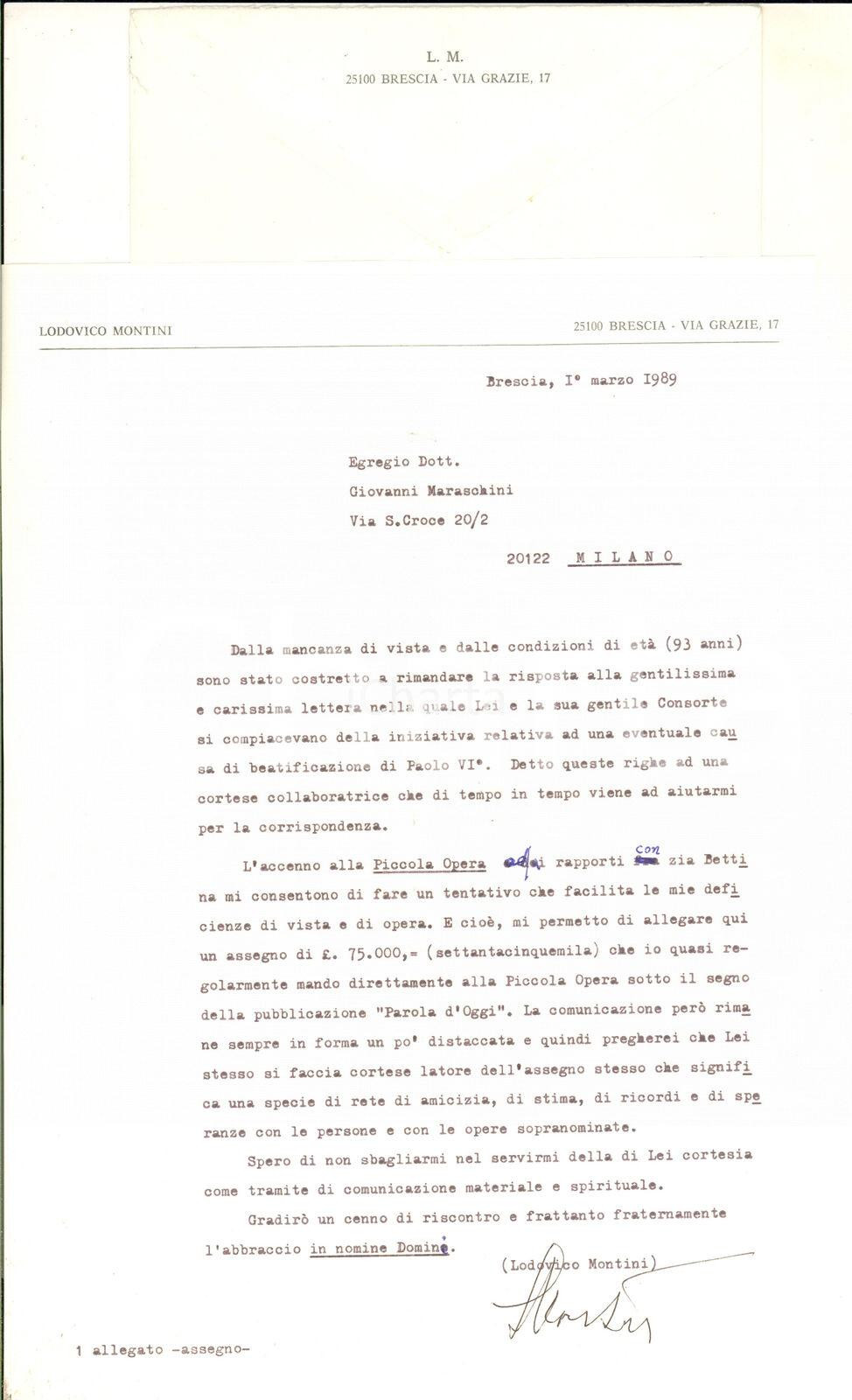 1989 BRESCIA Lettera Lodovico MONTINI pro "Piccola Opera" - AUTOGRAFO