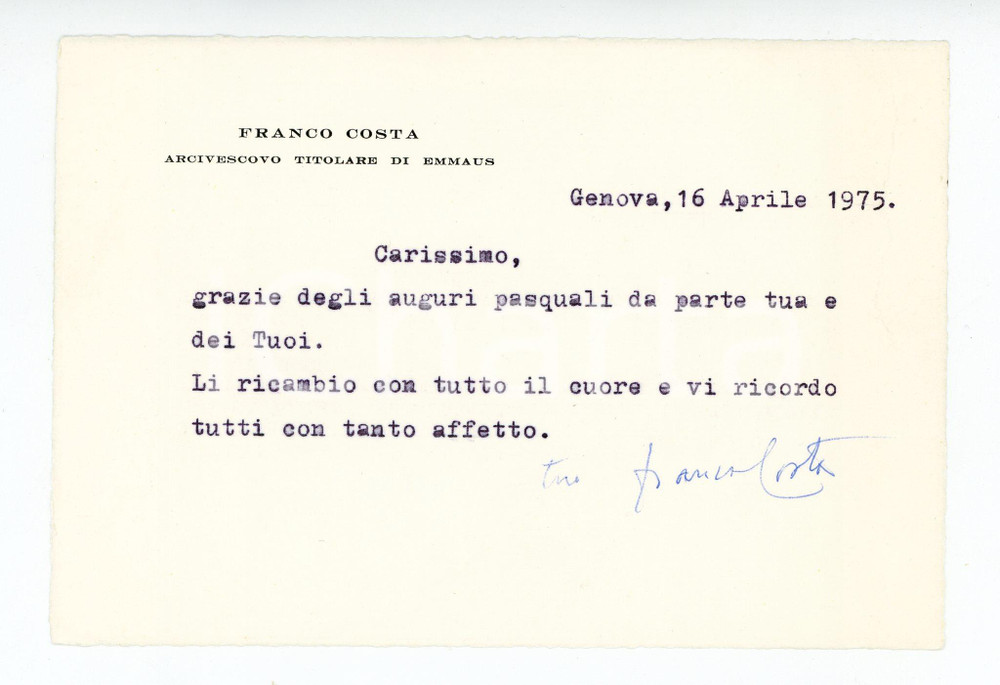 1975 GENOVA Mons. Franco COSTA arcivescovo Emmaus - Biglietto AUTOGRAFO