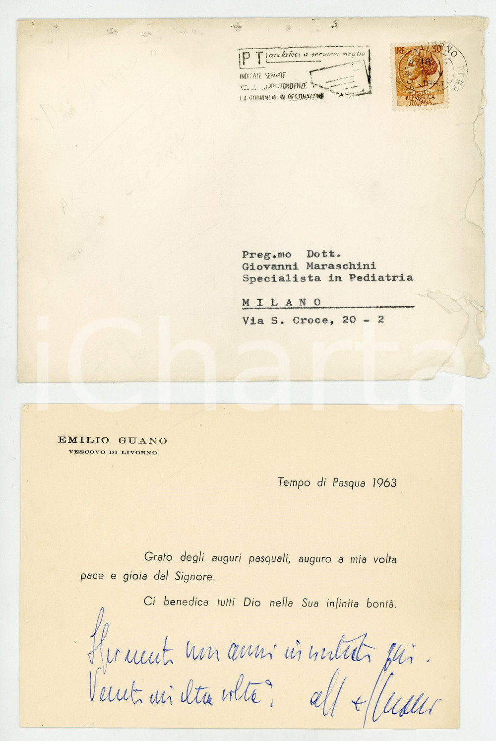 1963 LIVORNO Auguri mons. Emilio GUANO per la Pasqua - AUTOGRAFO