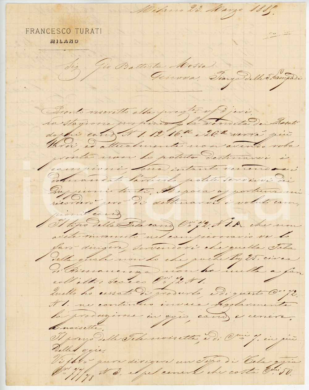 1885 MILANO Lettera Francesco TURATI per nuovo campionario - AUTOGRAFO