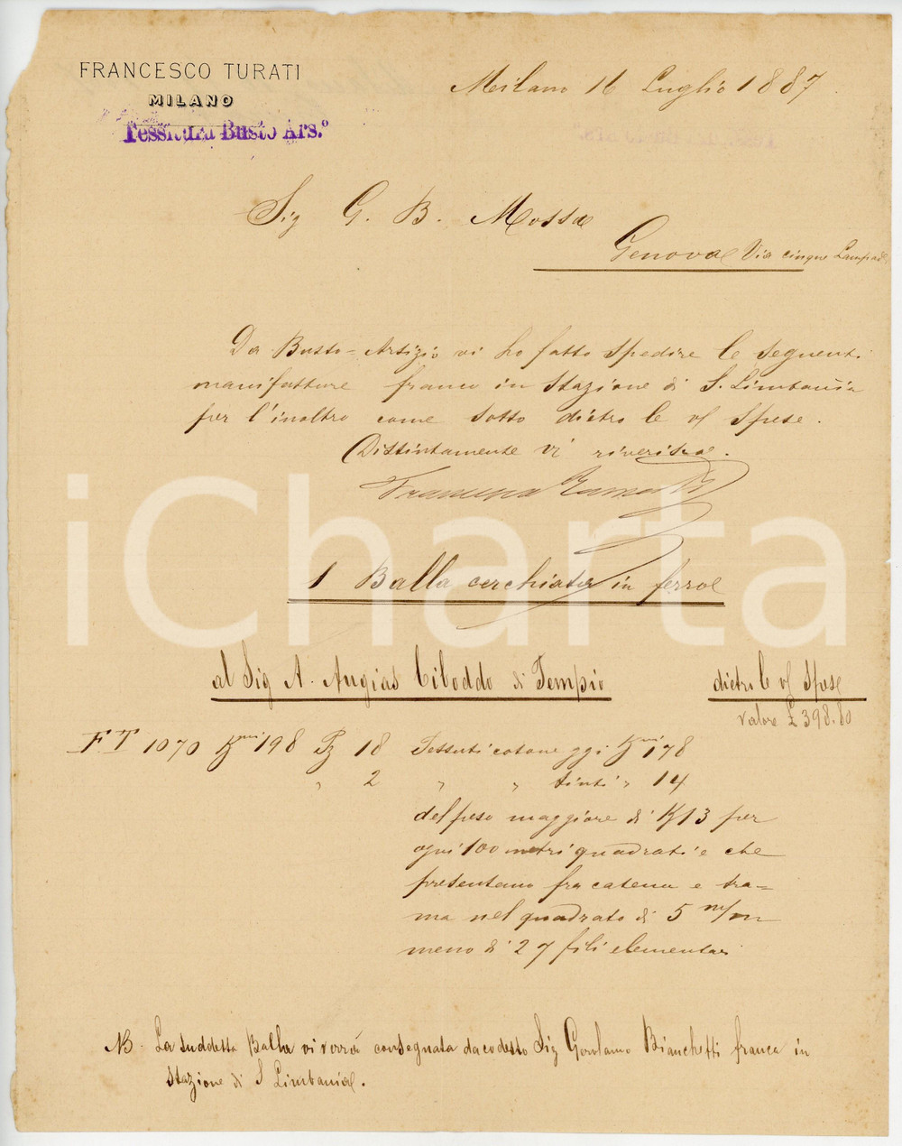 1887 BUSTO ARSIZIO Ditta Francesco TURATI - Nota di spedizione - AUTOGRAFO