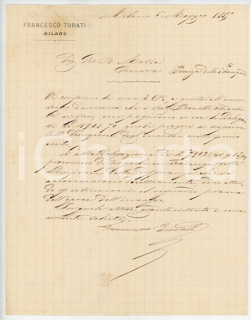 1885 MILANO Lettera imprenditore Francesco TURATI per saldo ordini - AUTOGRAFO