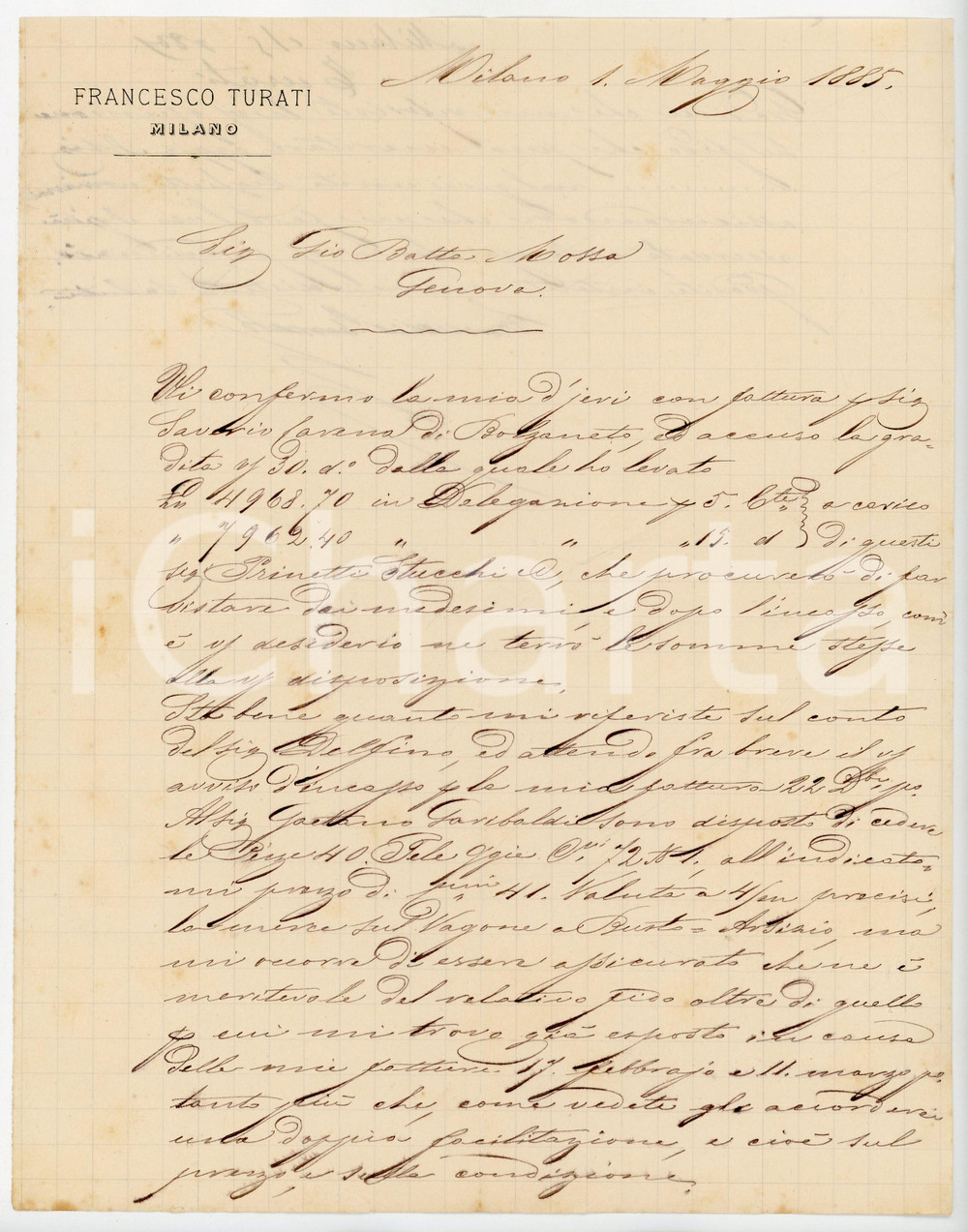 1885 MILANO Lettera Francesco TURATI per spedizione ordini - AUTOGRAFO