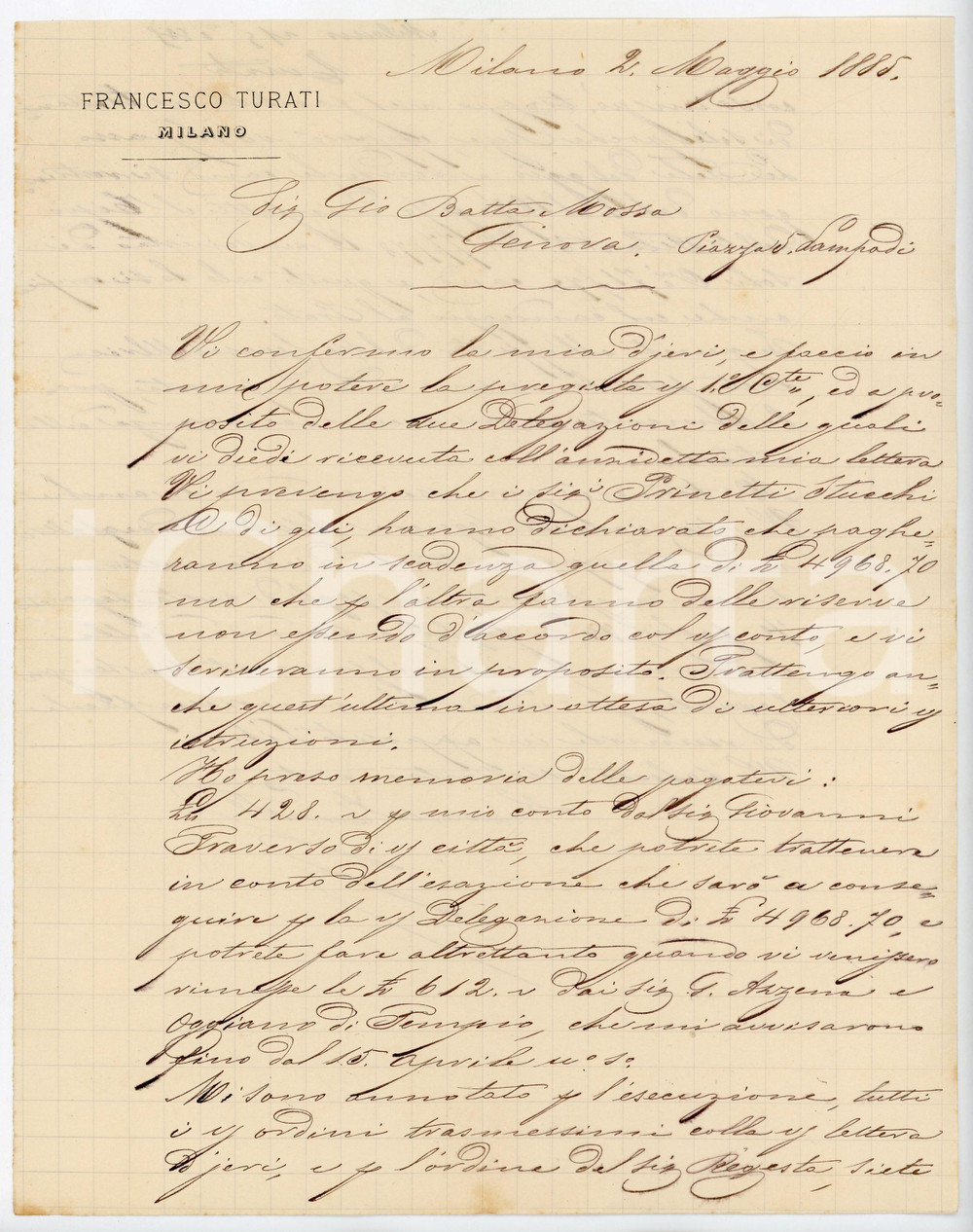 1885 MILANO Lettera Francesco TURATI per ordini da saldare - AUTOGRAFO