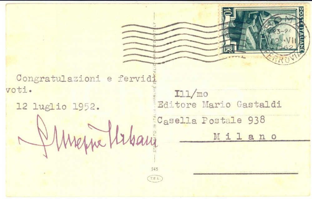 1952 ROMA Cartolina Giuseppe URBANI all'editore Mario GASTALDI - AUTOGRAFO