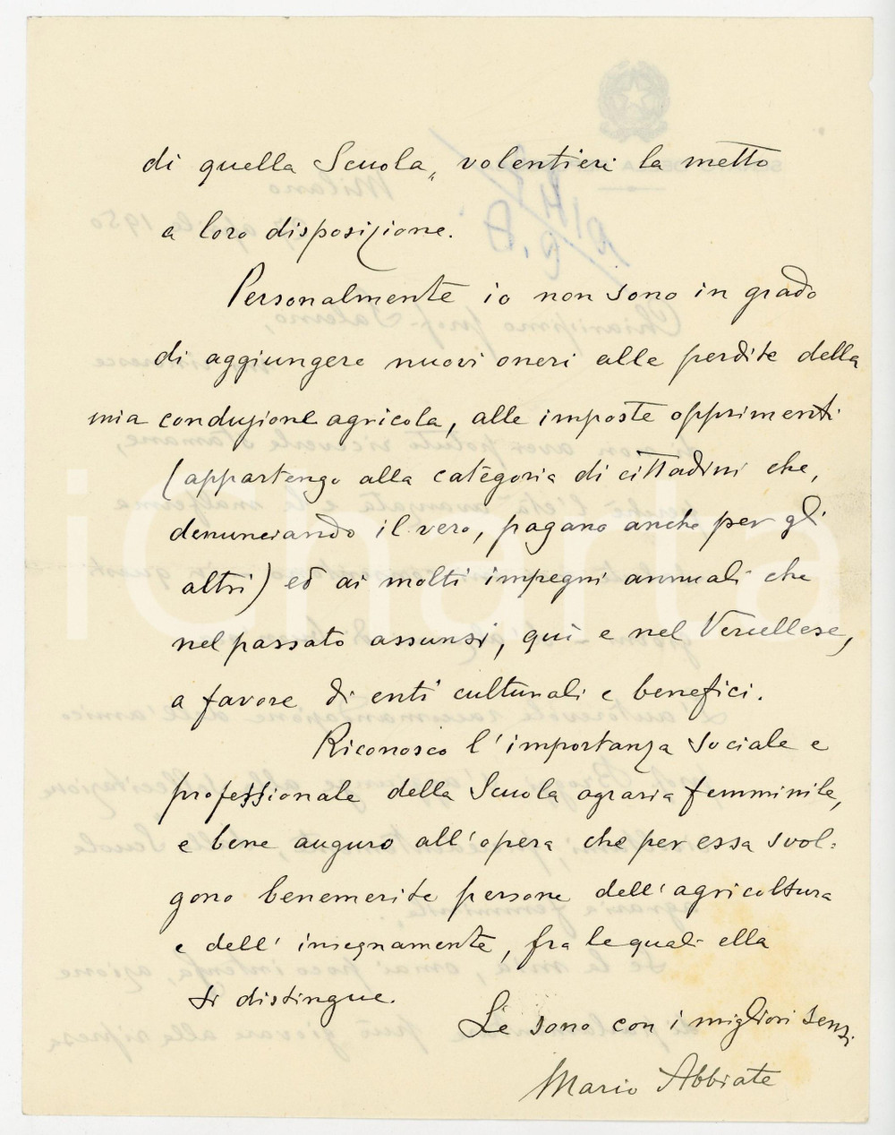 1950 MILANO Lettera Mario ABBIATE pro Scuola Agraria Femminile - AUTOGRAFO