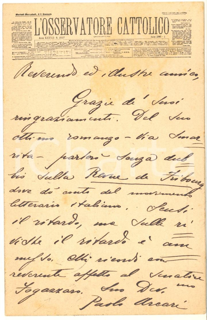 1903 FRIBURGO Cartolina Paolo ARCARI per recensione Sebastiano RUMOR *AUTOGRAFO