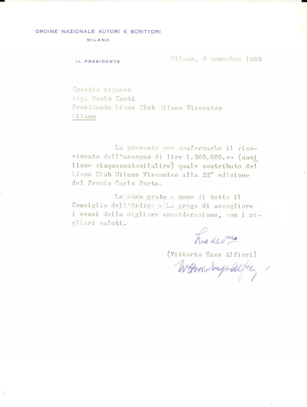 1985 MILANO Lettera Vittorio Enzo ALFIERI per Premio "Carlo Porta" AUTOGRAFO