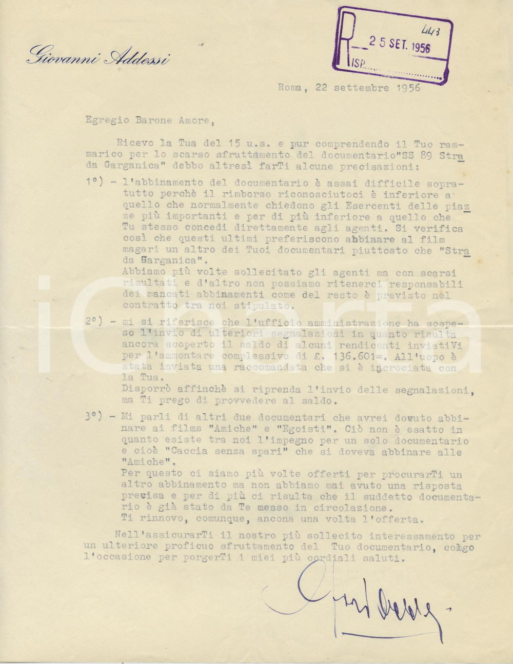 1956 ROMA Lettera produttore Giovanni ADDESSI su documentario - AUTOGRAFO