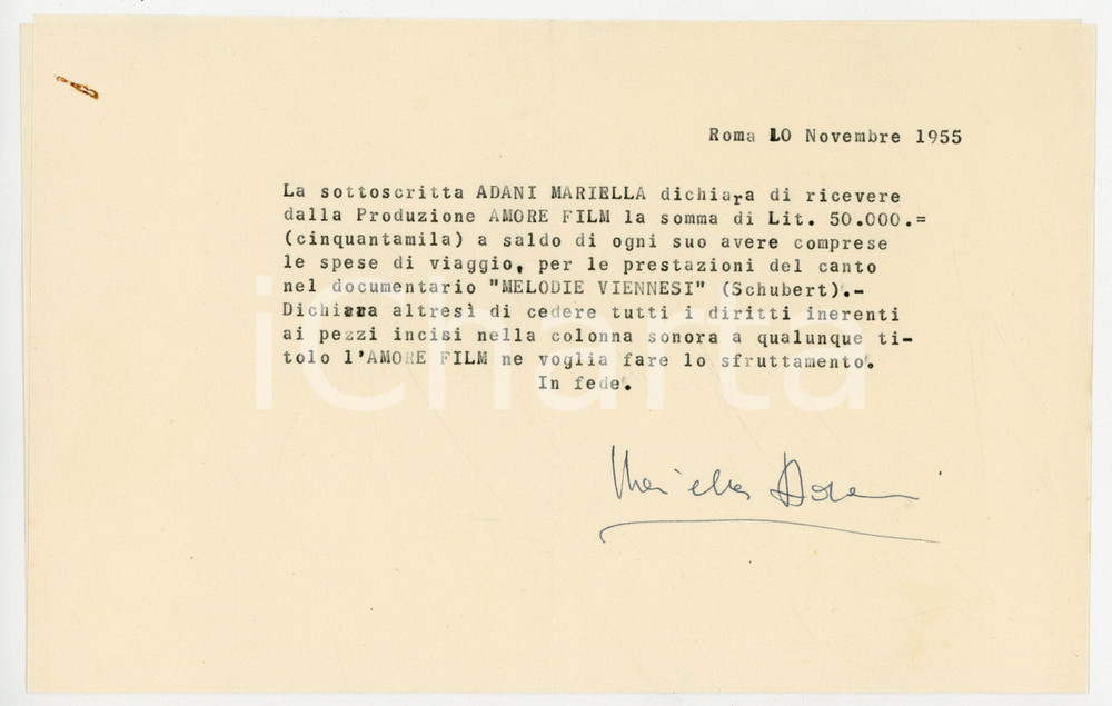 1955 ROMA Ricevuta soprano Mariella ADANI per documentario - AUTOGRAFO