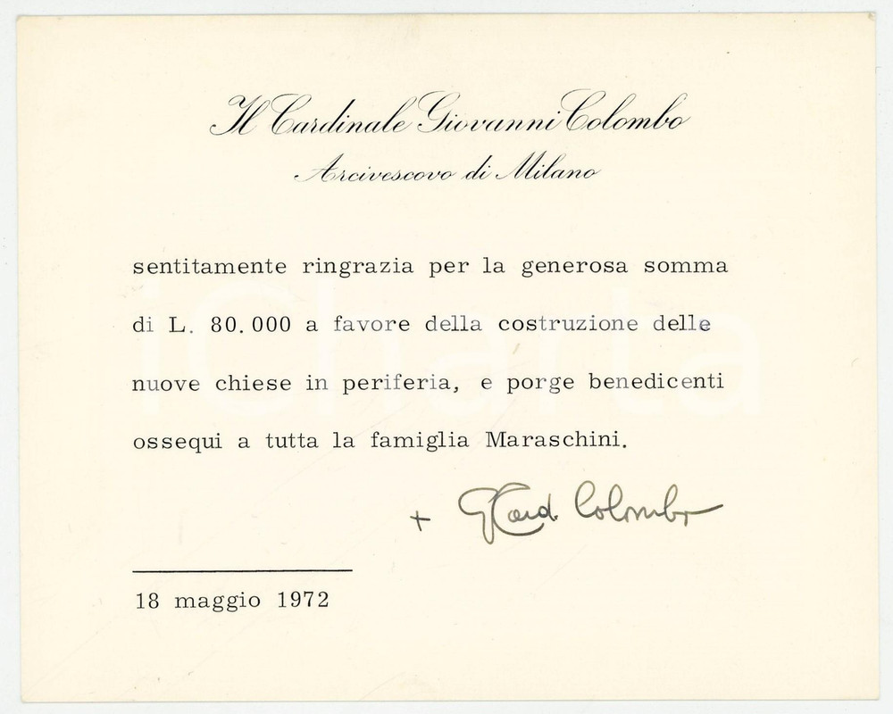 1972 MILANO Card. Giovanni COLOMBO arcivescovo - Biglietto AUTOGRAFO