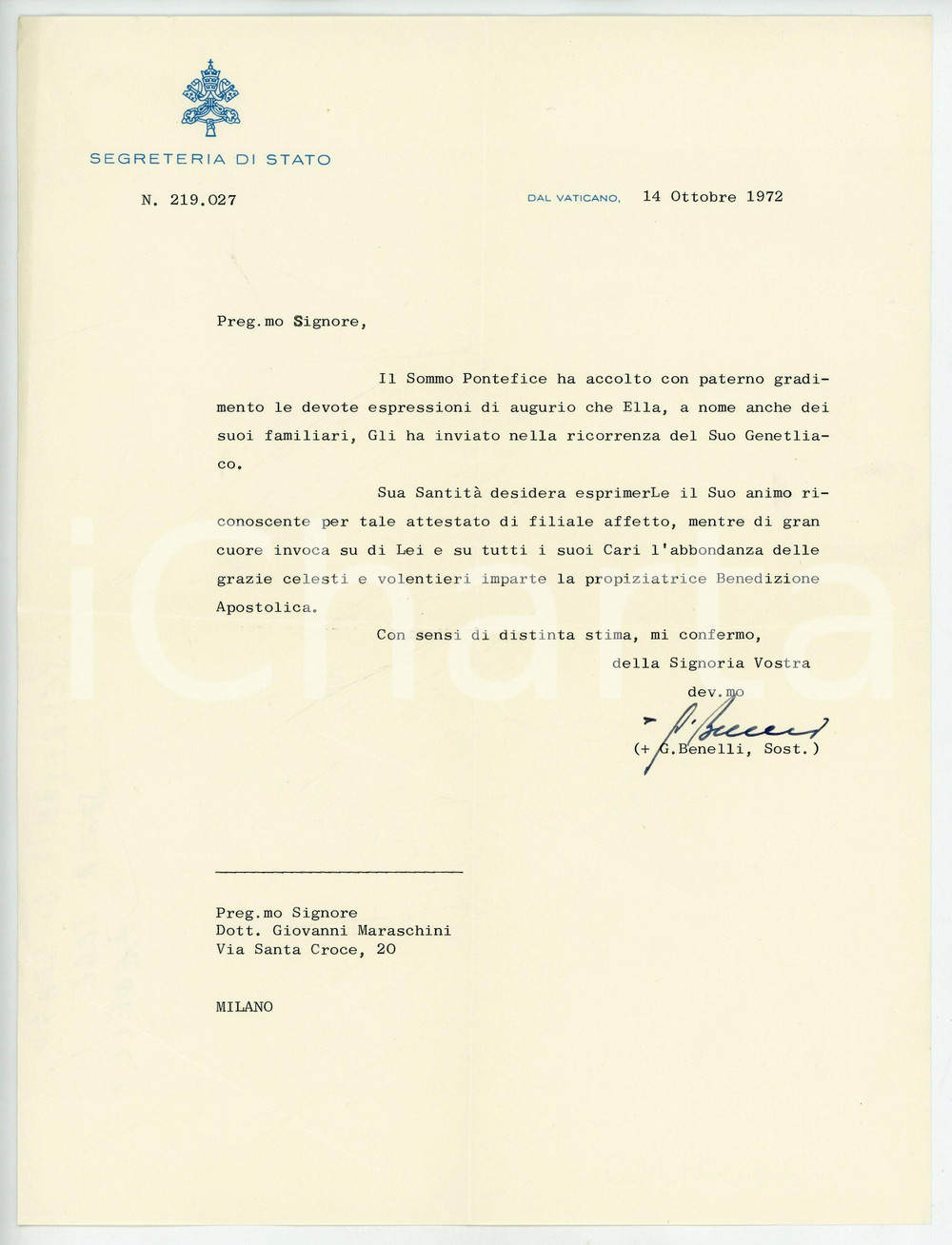 1972 VATICANO Mons. Giovanni BENELLI - Lettera benedizione AUTOGRAFO