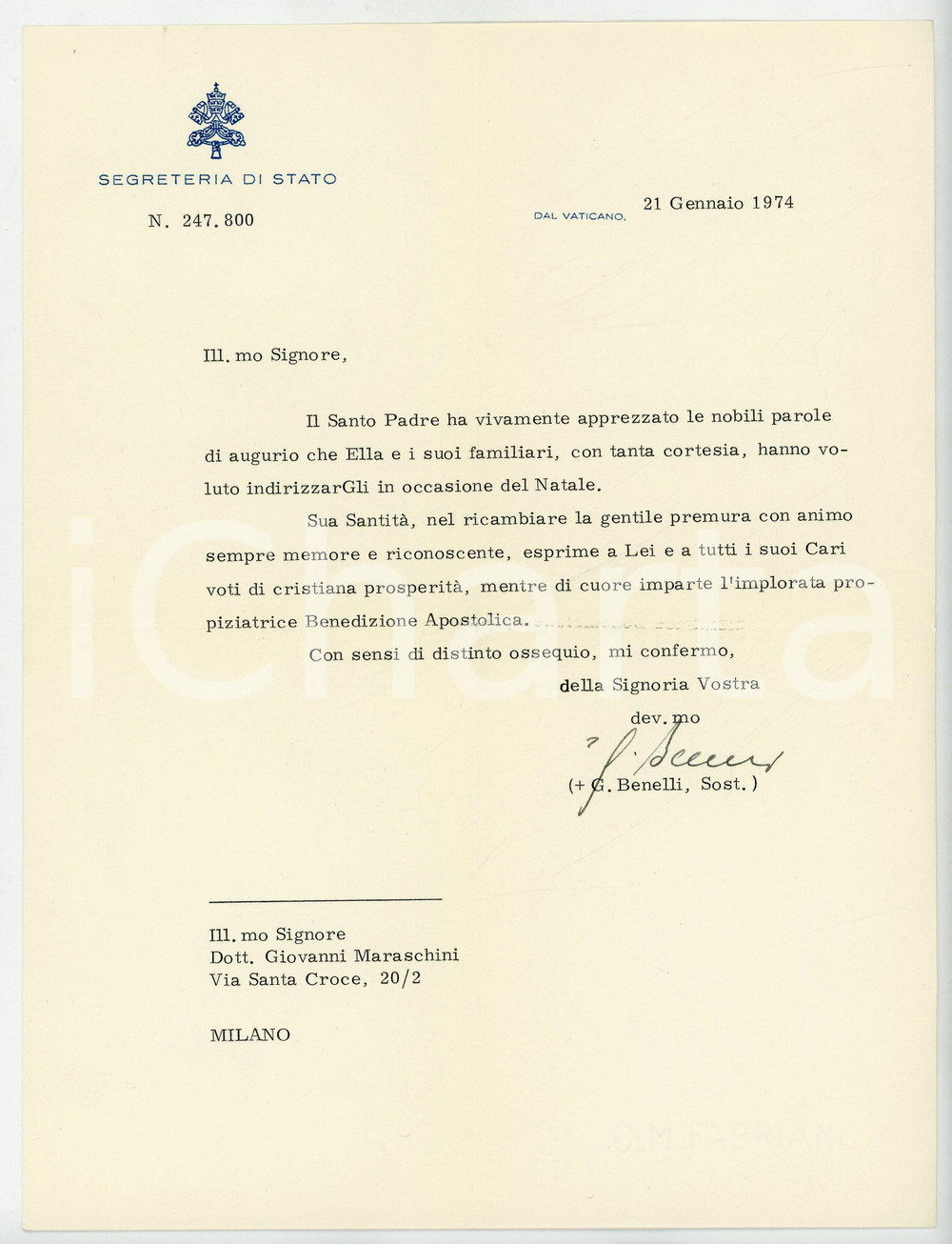 1974 VATICANO Mons. Giovanni BENELLI - Lettera per ringraziamento *AUTOGRAFO