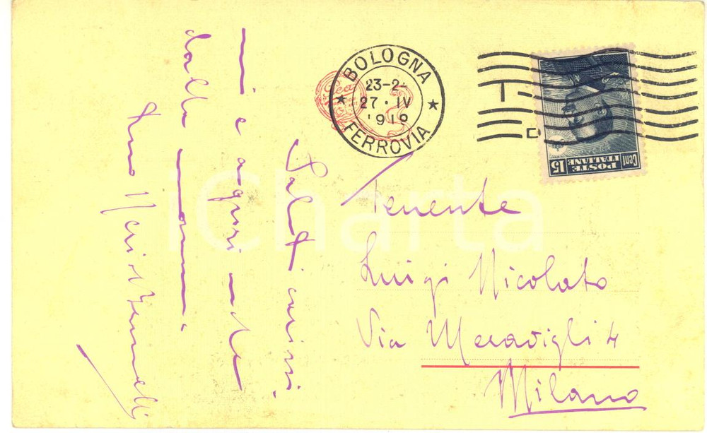 1919 BOLOGNA Cartolina Nevio BRUNELLI al ten. Luigi NICOLATO - Autografo FP VG