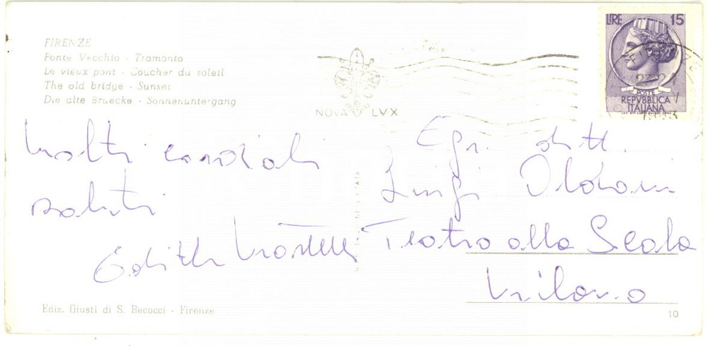 1953 FIRENZE Cartolina soprano Edith MARTELLI a Luigi Oldani *AUTOGRAFO VG