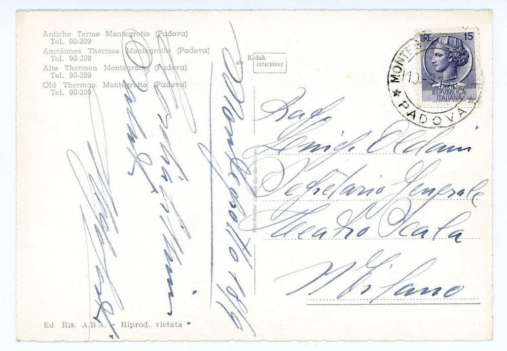 1959 MONTEGROTTO Cartolina viola Ugo CORTI a Luigi Oldani *AUTOGRAFO FG VG
