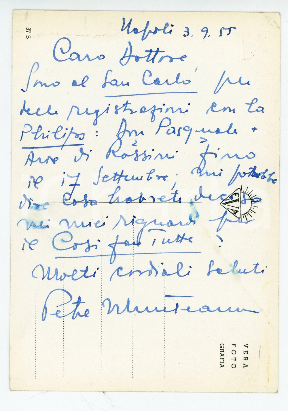 1955 NAPOLI Tenore Petre MUNTEANU registra per PHILIPS - AUTOGRAFO FG NV