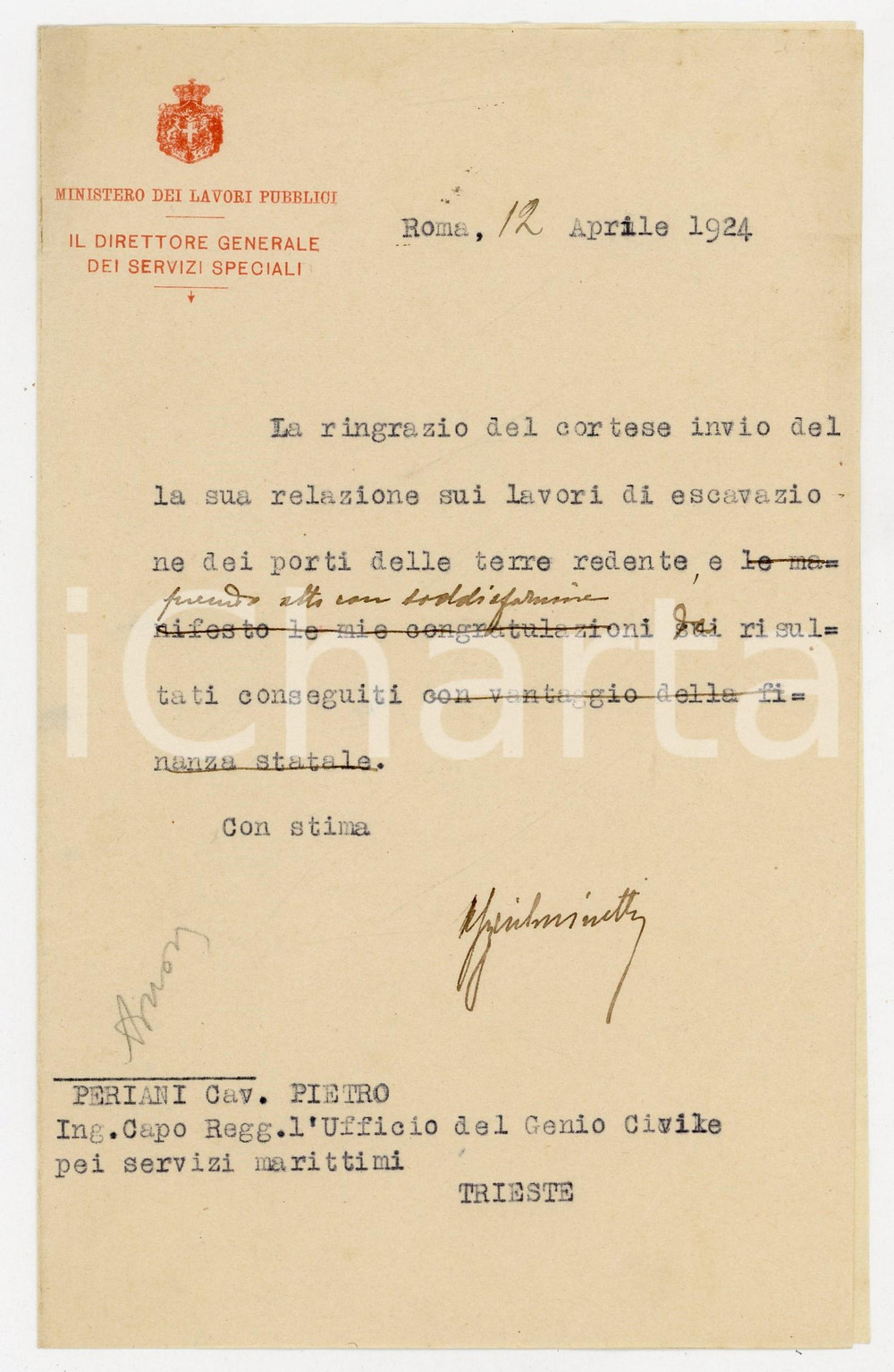 1924 ROMA Lettera Alessandro GUGLIELMINETTI Ministero Lavori Pubblici ^AUTOGRAFO
