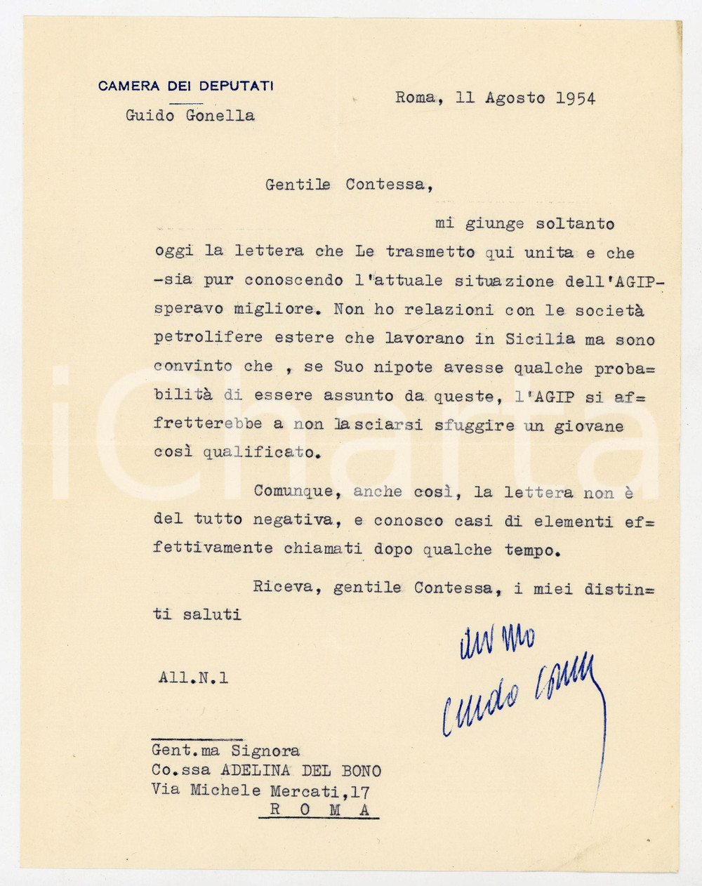 1944 ROMA Lettera on. Guido GONELLA alla contessa Del Bono - AUTOGRAFO