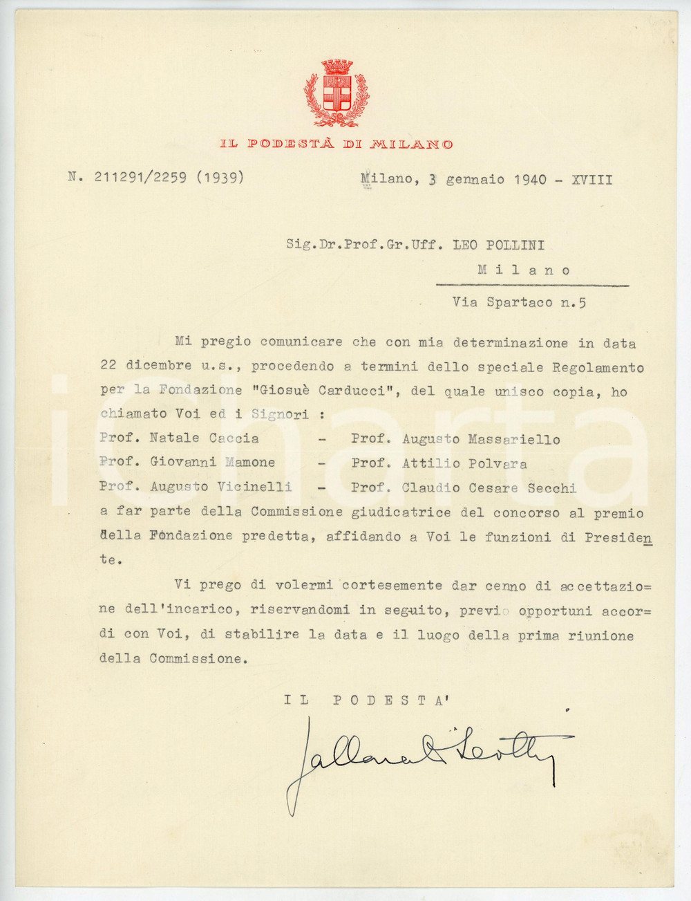 1940 MILANO Gian Giacomo GALLARATI SCOTTI su Fondazione Carducci *AUTOGRAFO
