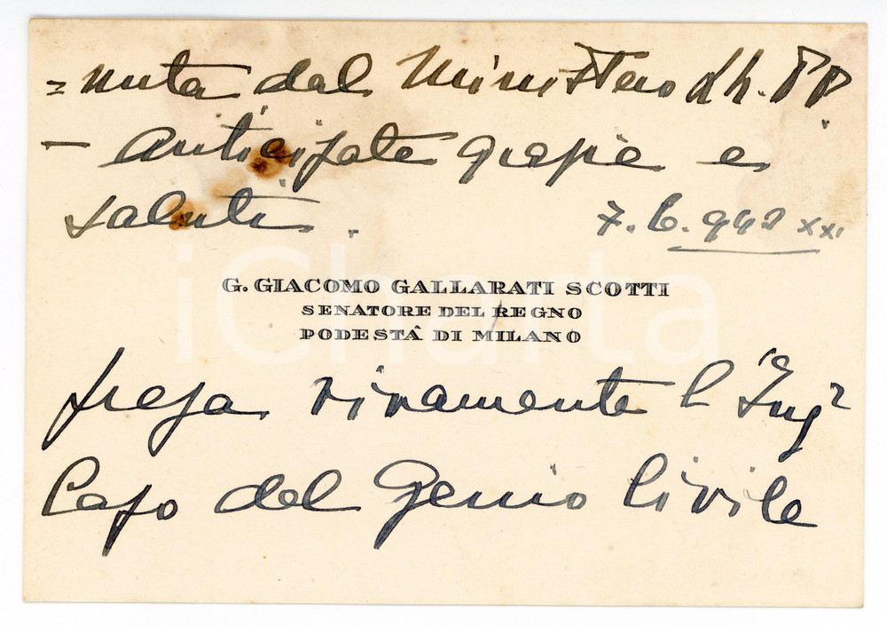 1943 MILANO Biglietto Gian Giacomo GALLARATI SCOTTI per svincolo - AUTOGRAFO