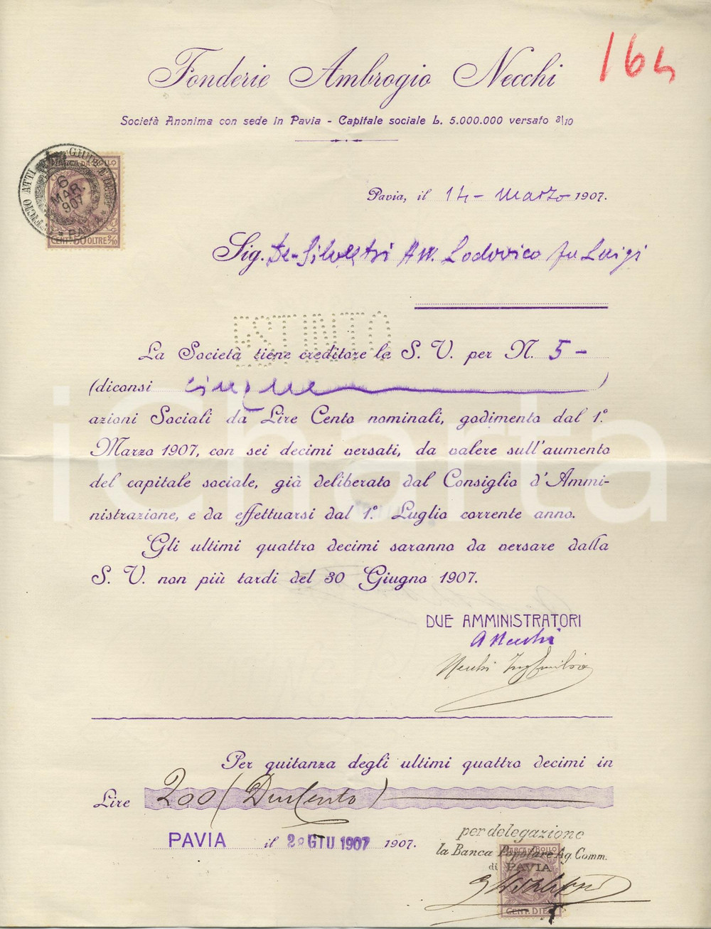 1907 PAVIA Fonderie Ambrogio NECCHI - Certificato azioni - AUTOGRAFO (8)  Certificato con firma autografa degli amministratori, tra i quali Ambrogio Necchi.CONDIZIONI: FAIR (piegatura centrale d'epoca)    originale e autentica 1
