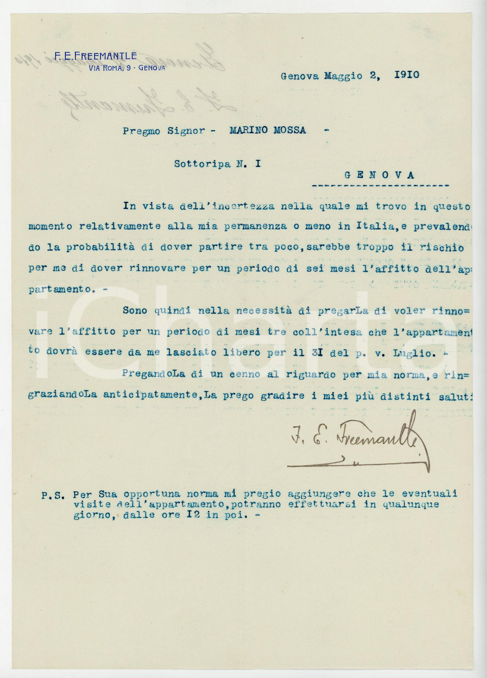 1910 GENOVA Lettera Francis Edward FREEMANTLE per rinnovo affitto - AUTOGRAFO