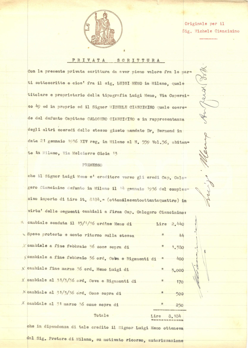 1936 MILANO Contratto Michele CIANCIMINO - Luigi MEMO per cessione titoli