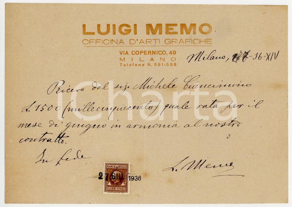 1936 MILANO Ricevuta Luigi MEMO - Officina d'Arti Grafiche - AUTOGRAFO