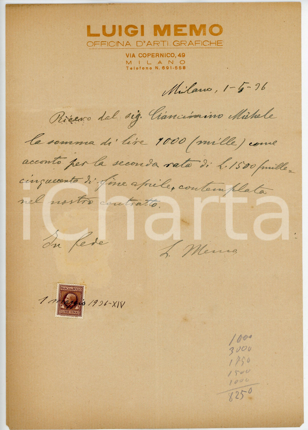 1936 MILANO Ricevuta Luigi MEMO - Officina d'Arti Grafiche *AUTOGRAFO