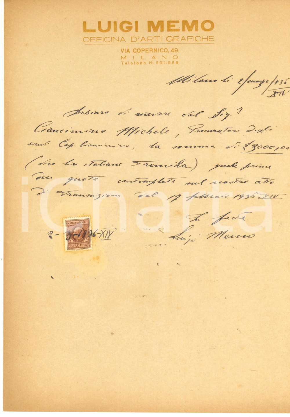 1936 MILANO Lettera tipografo Luigi MEMO per riscossione di credito *AUTOGRAFO