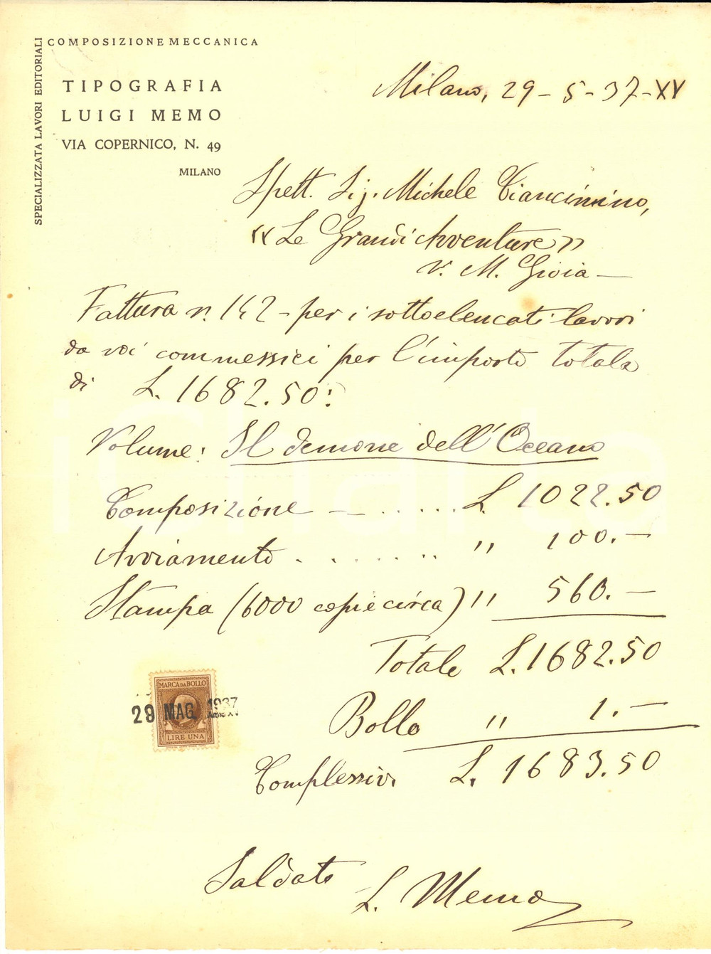 1937 MILANO Tipografo Luigi MEMO - Fattura per "Il demone dell'oceano"