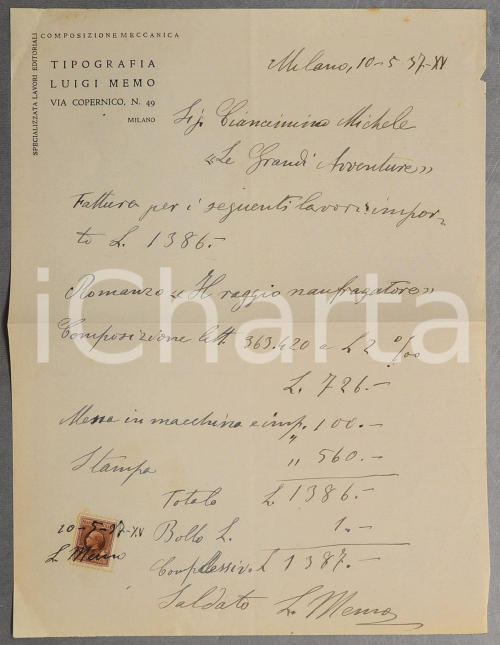 1937 MILANO Tipografo Luigi MEMO - Fattura per stampa "Il raggio naufragatore"