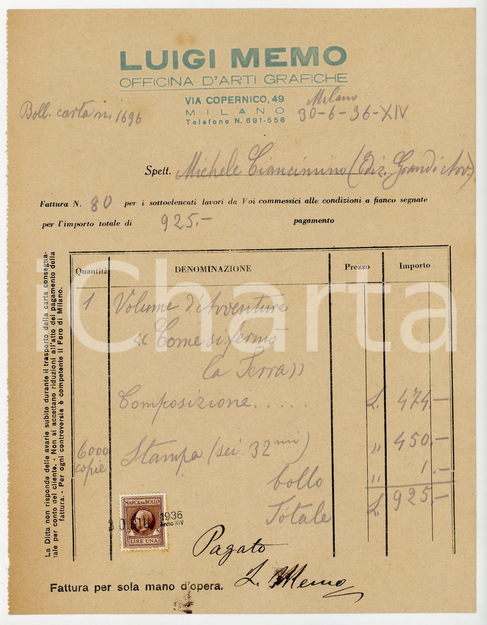 1936 MILANO Arti Grafiche Luigi MEMO - Fattura per volume avventure *Autografo