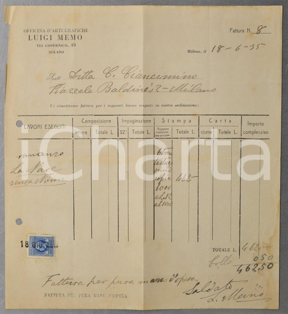 1935 MILANO Tipografo Luigi MEMO - Fattura per romanzo "La nave senza nome"