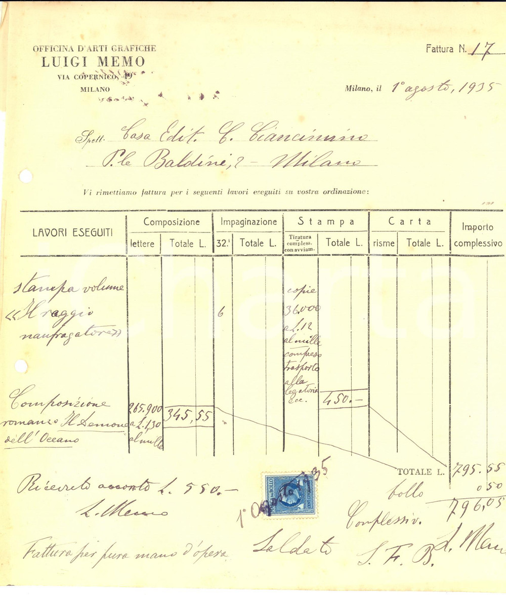 1935 MILANO Tipografo Luigi MEMO - Fattura per romanzo "Il raggio naufragatore"