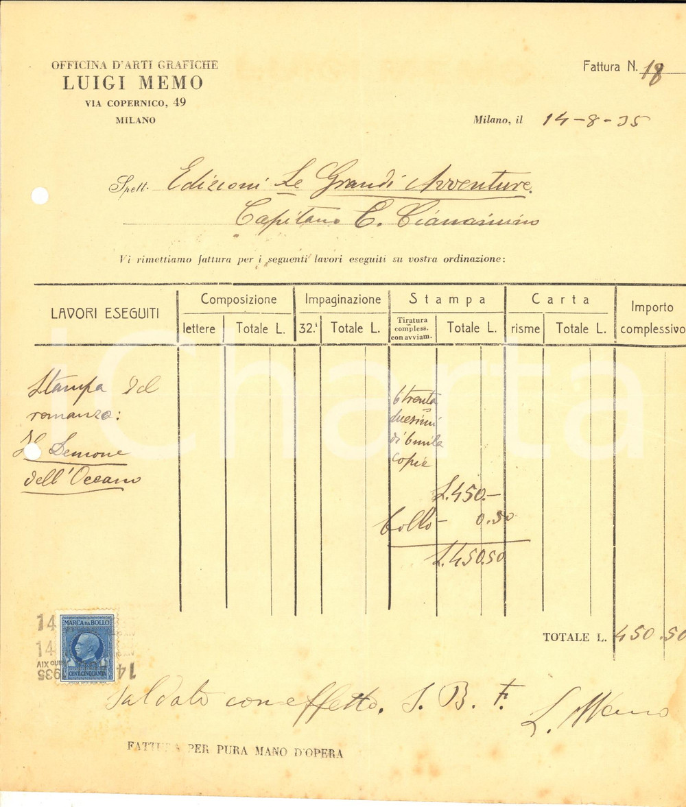 1935 MILANO Tipografo Luigi MEMO - Fattura per romanzo "Il demone dell'Oceano"
