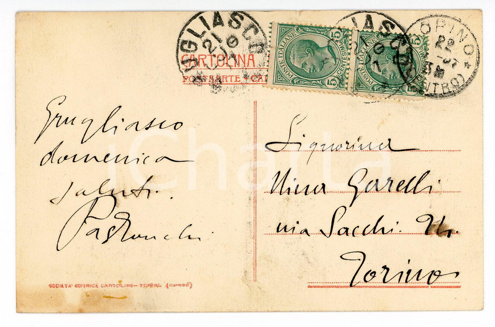 1907 GRUGLIASCO Cartolina Francesco PASTONCHI a Nina GARELLI - AUTOGRAFO