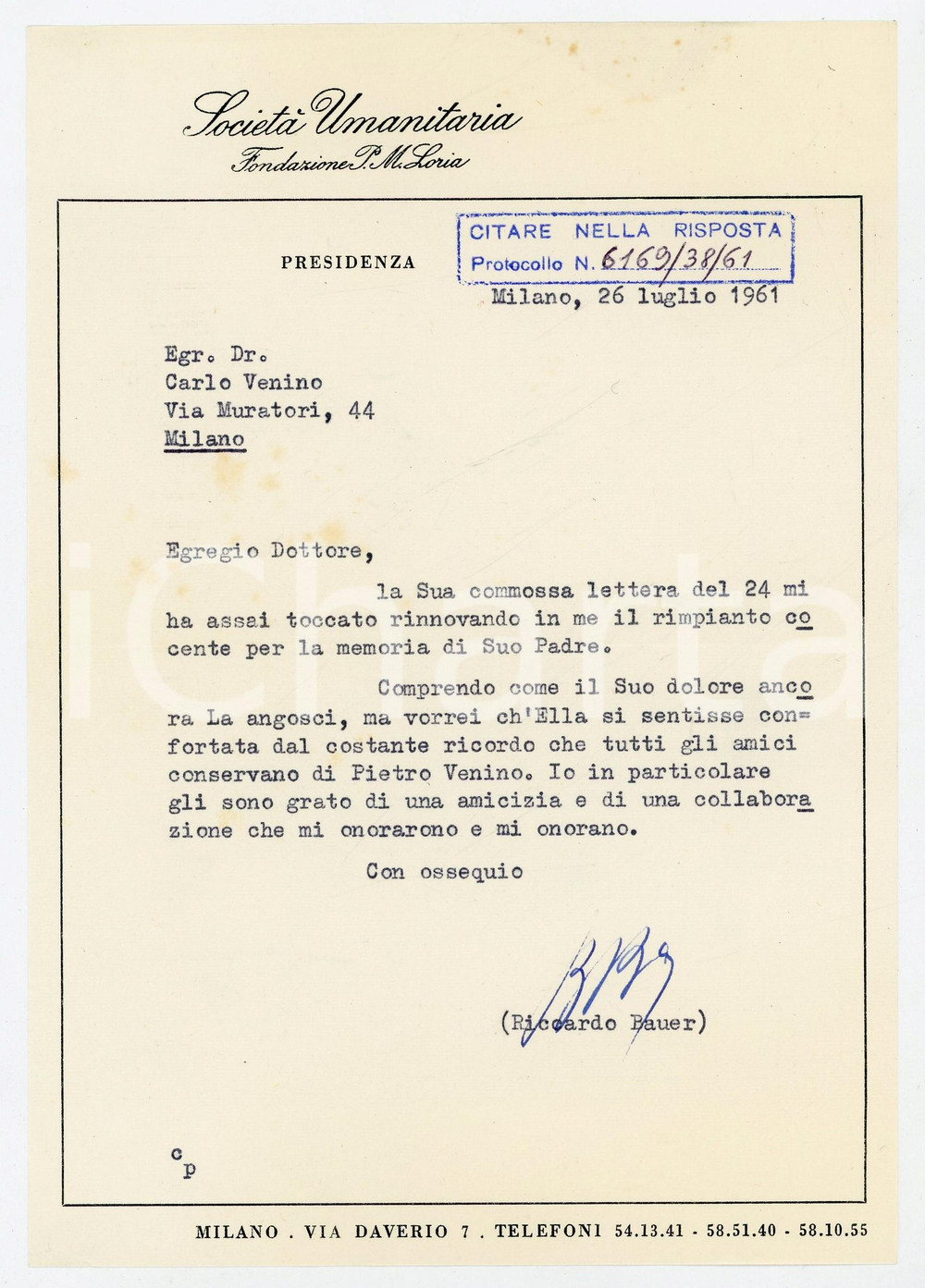1961 MILANO Società Umanitaria - Condoglianze Riccardo BAUER *AUTOGRAFO
