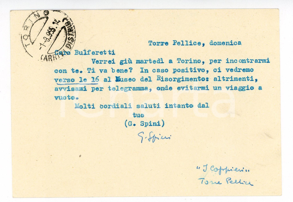 1955 TORRE PELLICE Cartolina Giorgio SPINI per incontro - Autografo FG VG
